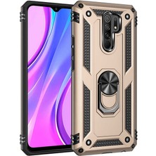 Tekno Grup Xiaomi Redmi 9 Kılıf Çift Katmanlı Yüzüklü Manyetik Vega Kapak + Cam Ekran Koruyucu Gold
