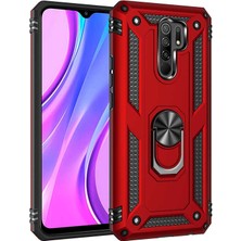 Tekno Grup Xiaomi Redmi 9 Kılıf Çift Katmanlı Yüzüklü Manyetik Vega Kapak + Cam Ekran Koruyucu Kırmızı