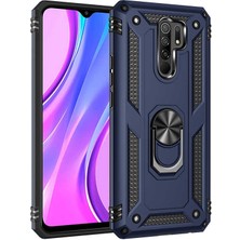 Tekno Grup Xiaomi Redmi 9 Kılıf Çift Katmanlı Yüzüklü Manyetik Vega Kapak + Cam Ekran Koruyucu Lacivert