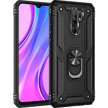 Tekno Grup Xiaomi Redmi 9 Kılıf Çift Katmanlı Yüzüklü Manyetik Vega Kapak + Cam Ekran Koruyucu Siyah