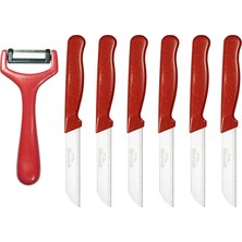 Solingen Simli Desen 6'lı Bıçak ve Simli Desen Yatay Soyacak Seti Kırmızı