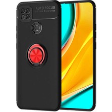 Tekno Grup Xiaomi Redmi 9C Kılıf Ultra Korumalı Yüzüklü Manyetik Ravel Silikon + Cam Ekran Koruyucu Siyah - Kırmızı
