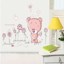 Cosy Home Gift Çocuk Bebek Odası Çiçekli Aşk Pembe Ayıcık Sticker Pvc Duvar Süsü