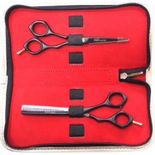 Profesyonel Kesim Makası Şekilli Renkli Kuaför Makası ve Efile (Ara Makası) Çanta Seti Siyah