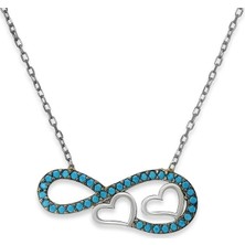 Gümüş Takı Dünyası İki Kalpli Sonsuzluk Turkuaz Zirkon Taş Rodyum Kaplama Gümüş Kolye