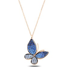 Gümüş Takı Dünyası Rose Kaplama Mavi Tonlamalı Nano Taşlı Kelebek Gümüş Kolye