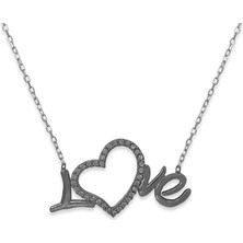 Gümüş Takı Dünyası Love Kalpli Beyaz Zirkon Taş Rodyum Kaplama Gümüş Kolye