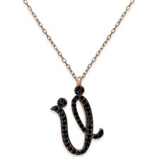 Gümüş Takı Dünyası Ü Harfi Siyah Zirkon Taşlı Rose Kaplama Gümüş Kolye