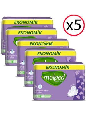 Molped Normal Hijyenik Ped 20'li (5 Adet) Kalın Pamuksu Yüzey ile Sızıntı Önleyici Koruma