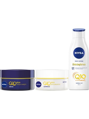 Nivea Q10 Gündüz ve Gece Bakım Kremi 50 ml Vücut Sıkılaştırıcı Losyon 250 ml Hediye Seti