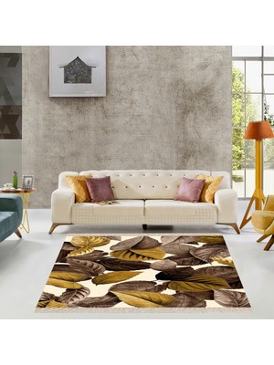 Bona Fortuna Beyaz Zemin Gold Yaprak Desenli Dijital Baskı Yıkanabilir Modern Salon Halısı Yolluk