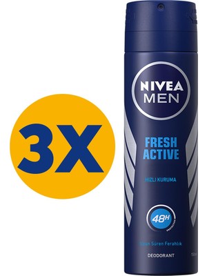 NIVEA Men Erkek Sprey Deodorant Fresh Active 48 Saat Deodorant Koruması 150 ml x3 Adet