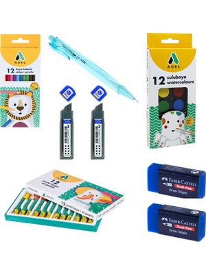Adel Faber-Castell Okul Seti - Sulu Boya - Kuru Boya - Pastel Boya - Silgi - Kalem - Uç