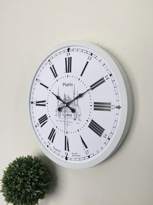 Platin Saat 36 cm Ahşap Beyaz İstanbul Duvar Saati