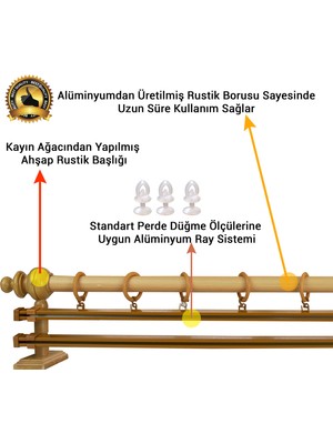 Perdejim Meşe Çift Raylı Ahşap Rustik Perde Askısı - Rustik Borusu 100 cm