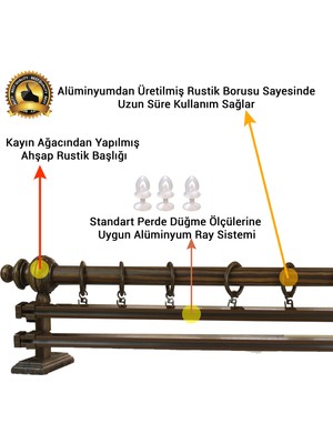 Perdejim Ceviz Çift Raylı Ahşap Rustik Perde Askısı - Rustik Borusu 100 cm