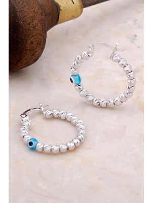 Sümer Telkari Toplu Dorika Nazar Boncuklu 925 Ayar Gümüş Halka Küpe 4952