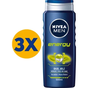 NIVEA Men Energy Duş Jeli 500 ml x3 Adet, Saç,Yüz ve Vücut için