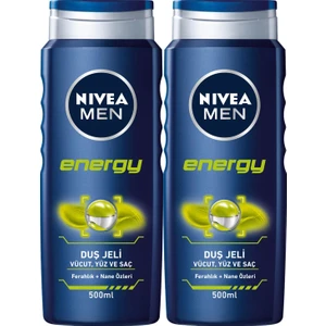 NIVEA Men Energy Erkek Duş Jeli 500 ml x2 Adet,Saç,Yüz ve Vücut için