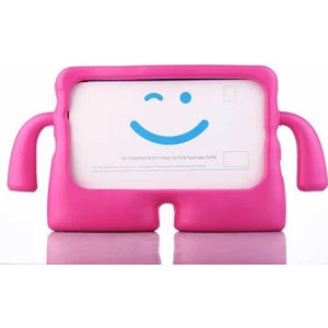 Apple iPad Mini 3 Kılıf Emoji Standlı Silikon Tablet Kılıfı + Dokunmatik Kalem Koyu Pembe