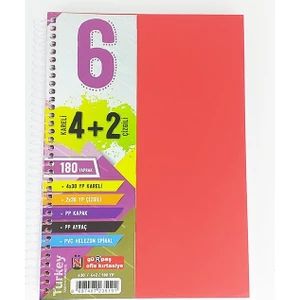 4 Kareli + 2 Çizgili Ayraçlı Defter 180 Yaprak Kırmızı
