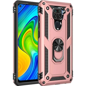 Tekno Grup Xiaomi Redmi Note 9 Kılıf Çift Katmanlı Yüzüklü Manyetik Vega Kapak Rose + Tam Kaplayan 5D Cam Ekran Koruyucu