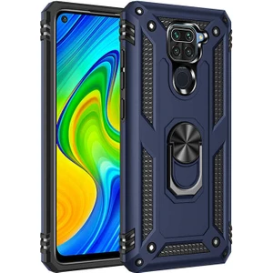 Tekno Grup Xiaomi Redmi Note 9 Kılıf Çift Katmanlı Yüzüklü Manyetik Vega Kapak Lacivert + Cam Ekran Koruyucu