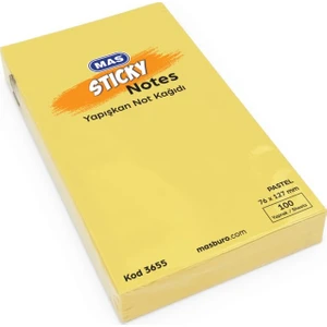 Mas 3655 Yapışkanlı Not Kağıdı 100 Sayfa 76 mm x 127 mm Pastel Sarı