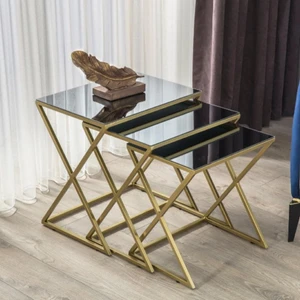 Mobi Evim Venedik Gold Metal Ayaklı Füme Aynalı Şık Zigon Sehpa Seti – Modern ve Dekoratif Ev Tasarımı