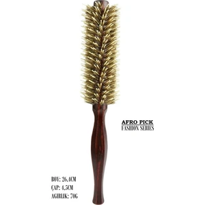 Land Of Myth - LOM1222 Afro Pick Ahşap Fön Fırçası, Doğal Kıl & Yanmaz Naylon Diş
