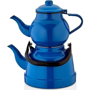 M&K Kitchen Ebru Emaye Mavi Çaydanlık Takımı Orta Boy Vintage Nostalji 1,1/2,5 lt