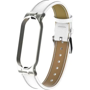 Case 4U Xiaomi Mi Band 6 / Mi Band 5 Akıllı Bileklik Metal Çerçeveli Kordon Deri Beyaz