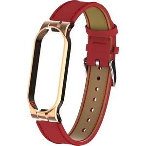 Case 4U Xiaomi Mi Band 6 / Mi Band 5 Akıllı Bileklik Metal Çerçeveli Kordon Deri Kırmızı