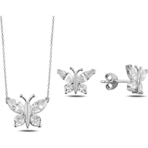 Gümüş Takı Dünyası Rodyum Kaplama Zirkon Taşlı Kelebek Gümüş  Set