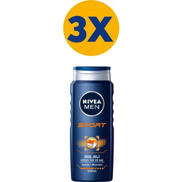 Nivea Men Sport Duş Jeli, Vücut, Yüz ve Saç Şampuanı 500 ml X3