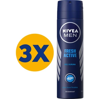 NIVEA Men Erkek Sprey Deodorant Fresh Active 48 Saat Deodorant Koruması 150 ml x3