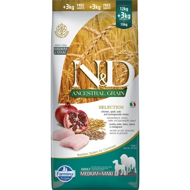 N-D Düşük Tahıllı Tavuklu Narlı Medium Maxi Adult Köpek Maması 12 Kg + 3