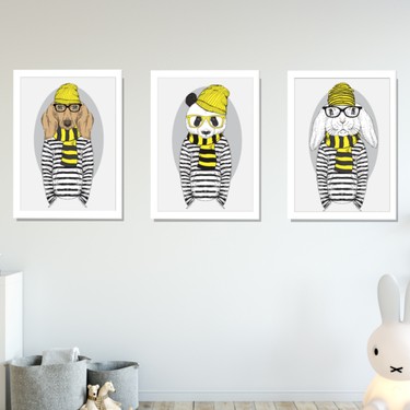 sunny funny bebek ve cocuk odasi tablo kopek panda tavsan hipster 3 lu cerceveli set 21 x 30 cm sfk122