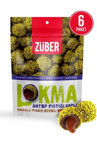 Züber Antep Fıstığı Kaplı Kakaolu Fındık Ezmeli Meyve Topu 96 gr x 6 Paket