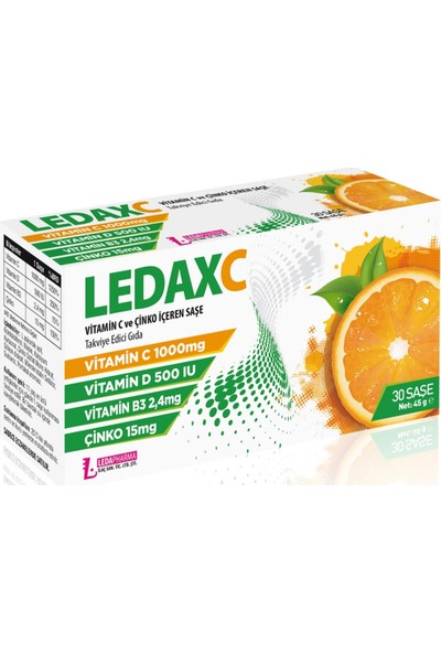 Ledapharma Ledax C Vitamini 1000 Mg, D, B3 ve Çinko Içeren 30 Sase