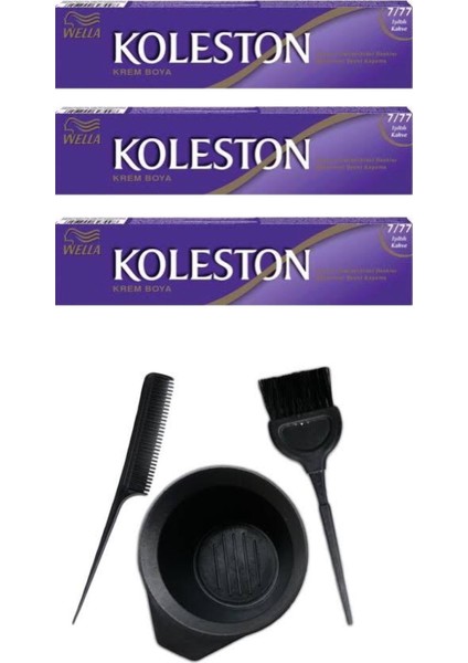 Koleston Tüp Saç Boyası 7.77 3 Adet + Saç Boyama Seti
