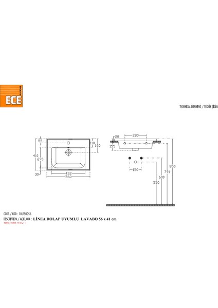 Ece Banyo Linea 56 cm Lavabo