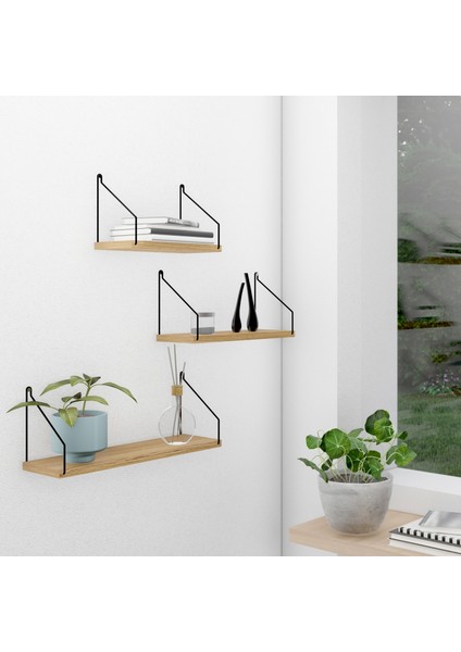 Duvar Rafı 3’lü Set Kitaplık Mutfak Banyo Yaşam Alanı Siyah Kol