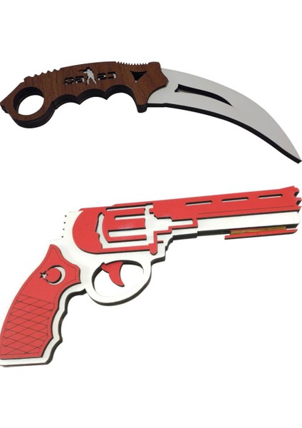Ahşap Lastik Atan Oyuncak Tabanca + Bıçak Seti