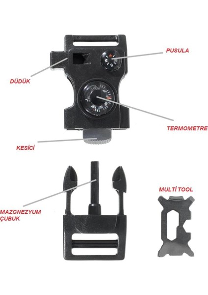 Outdoor Outlet Paracord Klips Magnezyum-Düdük-Pusula-Termometre-Multitool