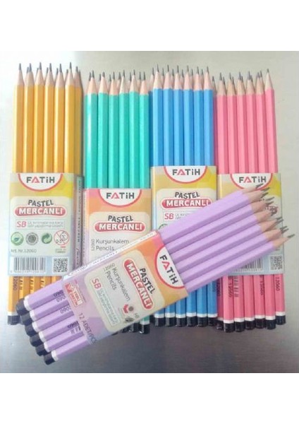 Köşeli Mercanlı Kurşun Kalem 12'li Pastel Renkler Yeşil Gövde