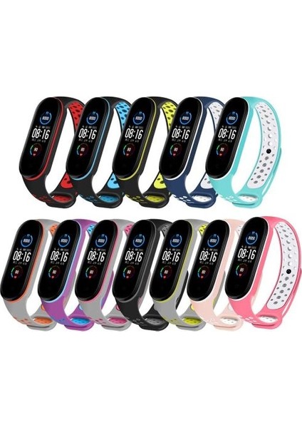 Xiaomi Mi Band 6 / Mi Band 5 Akıllı Bileklik Silikon Kayış Spor Kordon Delikli Siyah Yeşil
