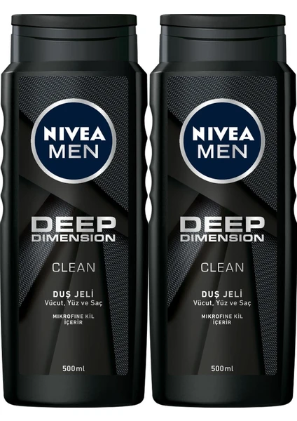 NIVEA Men Men Deep Dimension Duş Jeli, 500 ml x2 Adet,Saç,Yüz ve Vücut için