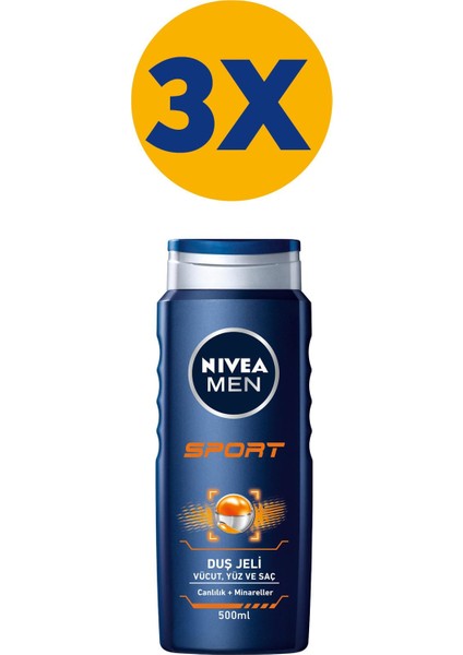 Men Sport Duş Jeli, Vücut, Yüz ve Saç Şampuanı 500 ml X3 Adet