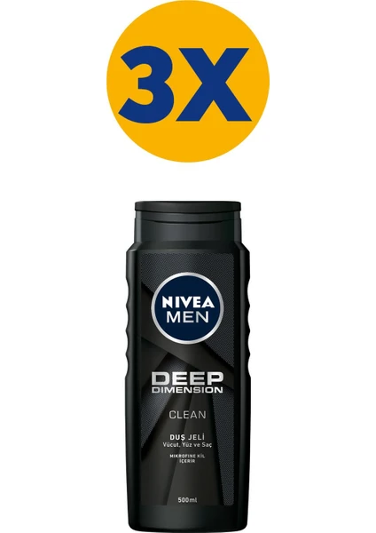 NIVEA Men Erkek Duş Jeli Deep Dimension 500 ml x3 Adet,Saç,Yüz ve Vücut için